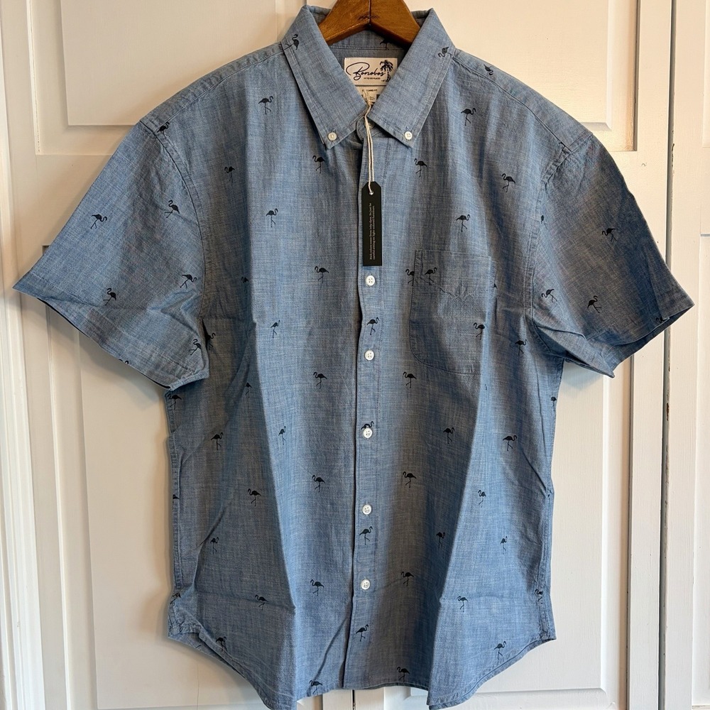 Bonobos Riviera Shirt Mens XL SHORT Chambray Short Sleeve Button Down Flamingo